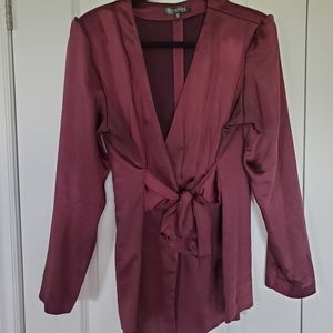 DYNAMITE Burgundy Belted Satin Blazer